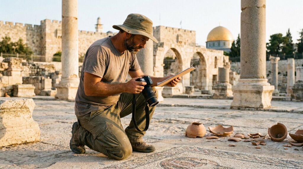 Israeli archaeologist examining Roman ruins in Jerusalem with clipboard and camera.