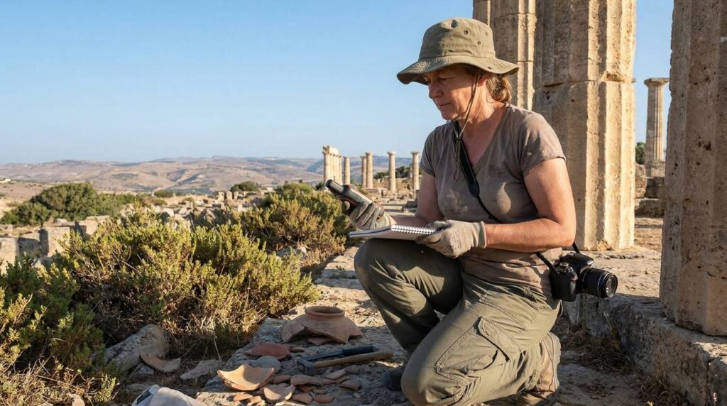 Middle-aged archeologist examines ruins at Cyrene with GPS and notebook.