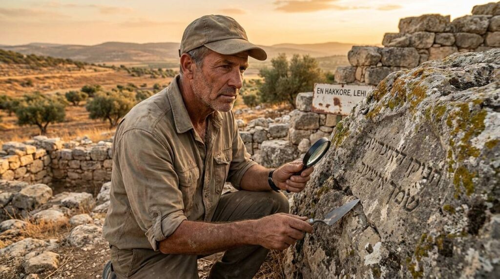Israeli archaeologist examines ancient ruins at En Hakkore in evening light.