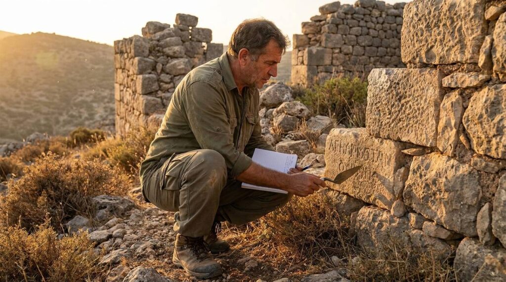 Middle-aged Israeli historian examines ancient ruins on Mount Mizar.