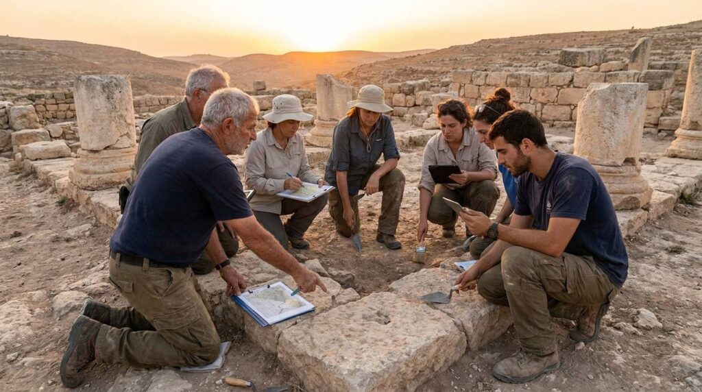 Israeli archaeologists examining ancient ruins at Ramah at sunset.