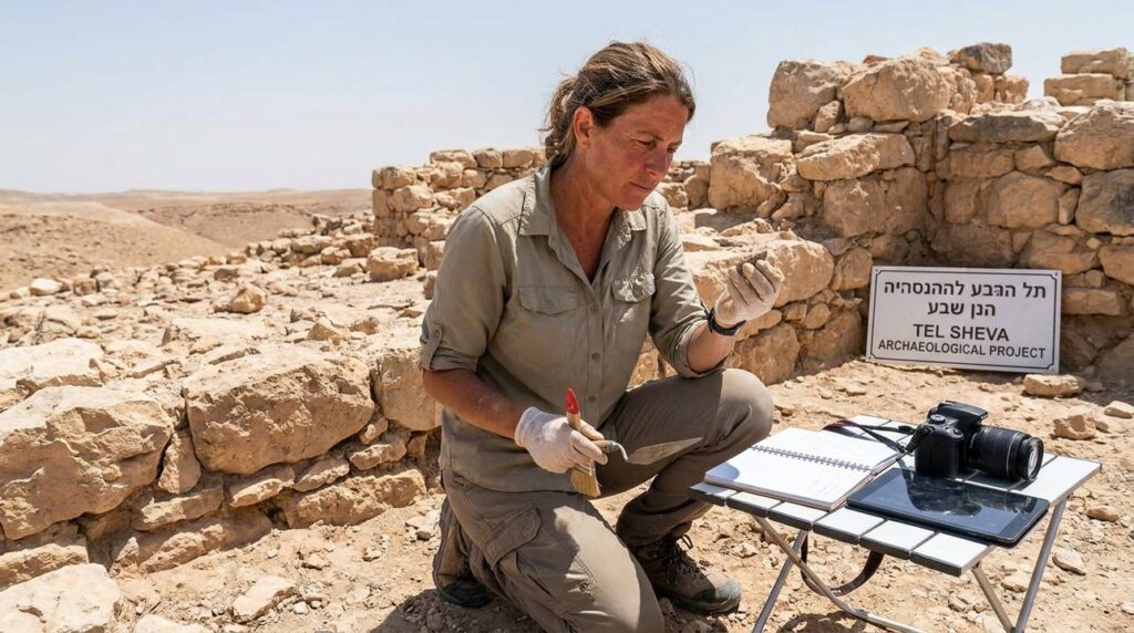 Israeli archeologist examining ancient ruins in a desert landscape.