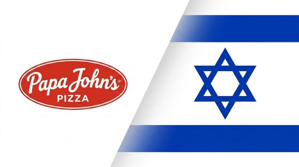 Papa John's logo merged with the Israeli flag in background.