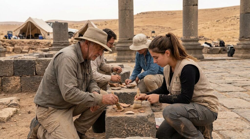 Diverse archaeologists examining ancient ruins in Bozrah's desert landscape.