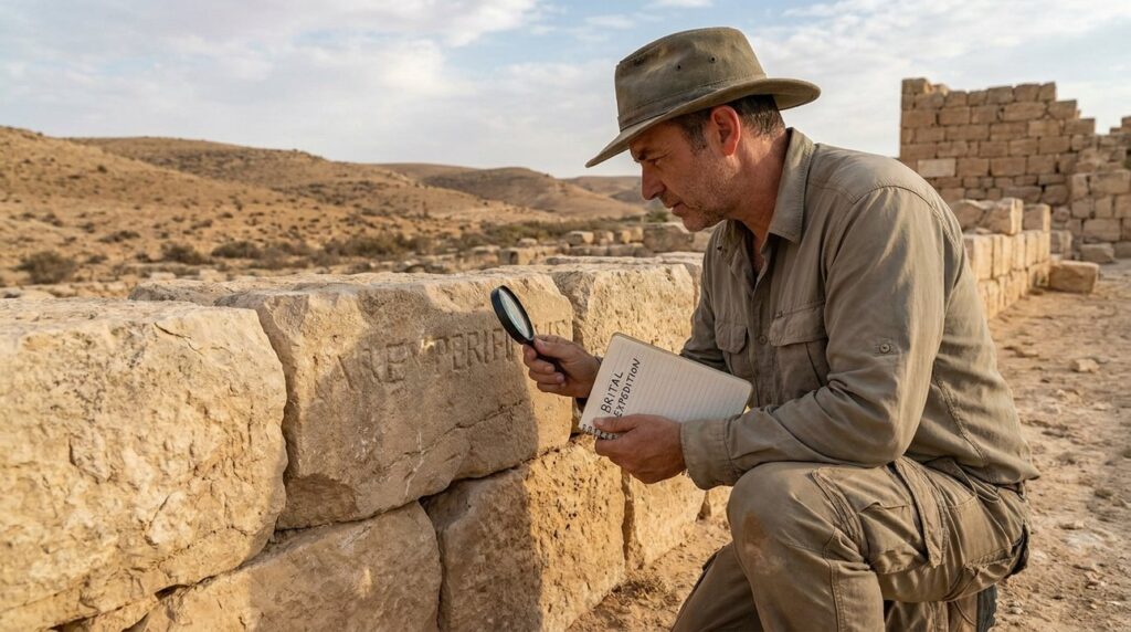 Archaeologist examining ancient inscriptions with magnifying glass in Negev desert.