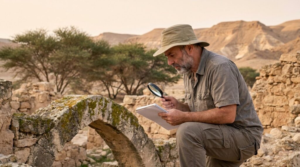 Israeli researcher examines ancient ruins in Negev desert at dawn.