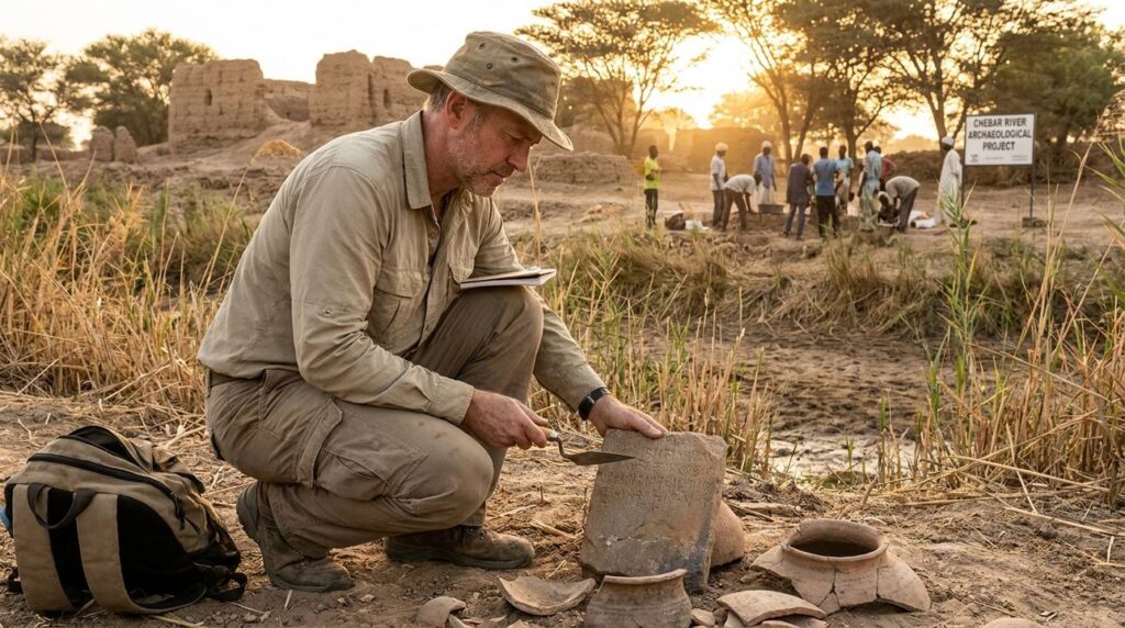 Archaeologist examining artifacts at biblical Chebar River site during sunset.