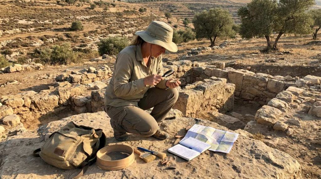 Woman archaeologist examines ruins in Ophrah, Israel, tools nearby.