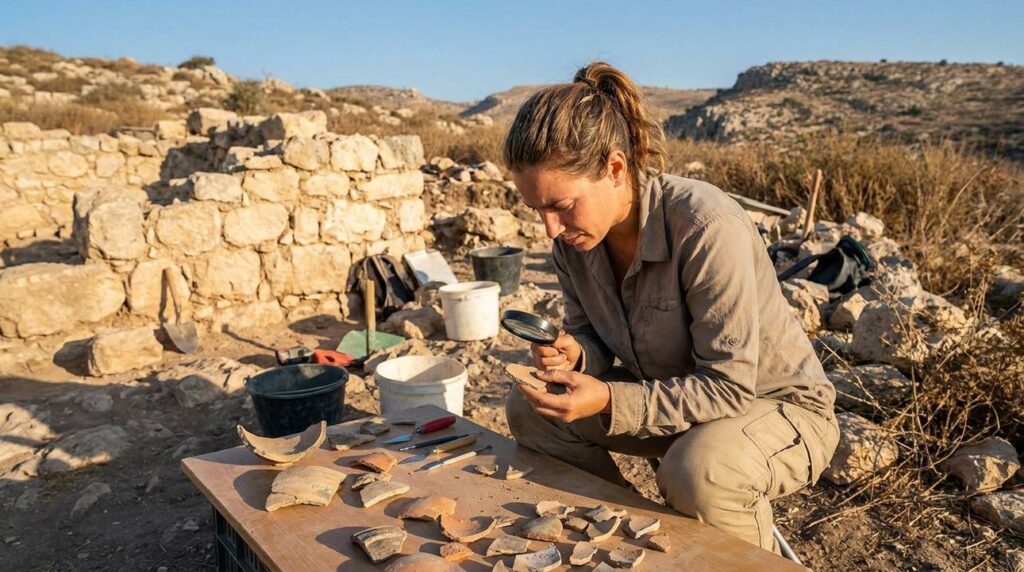 Israeli archaeologist examines artifacts at Ophrah, tools and ruins visible.
