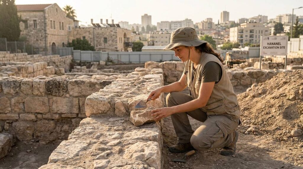 Israeli archaeologist examines ancient ruins at Tower of Hananel, Jerusalem.