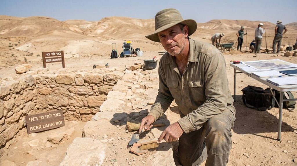 Israeli archaeologist examining ruins at Beer Lahai Roi in desert.