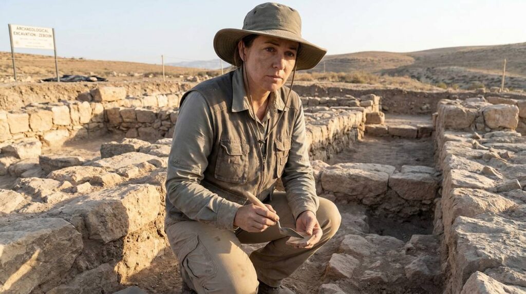 Israeli archaeologist examines ancient ruins at Zeboiim with brush and trowel.