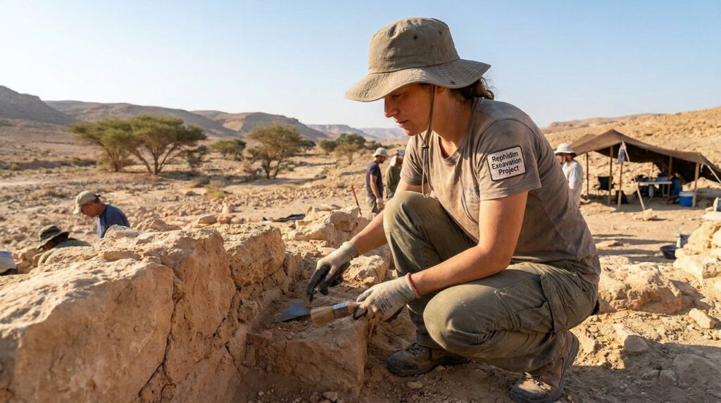 Israeli archaeologist examines stone ruins at Rephidim in desert landscape.