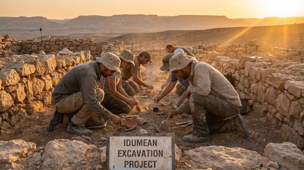 Israeli archaeologists excavate Idumean ruins in Negev desert at sunrise.