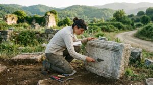 Archaeologist in cargo pants examining stone ruins in Bithynia, Turkey.