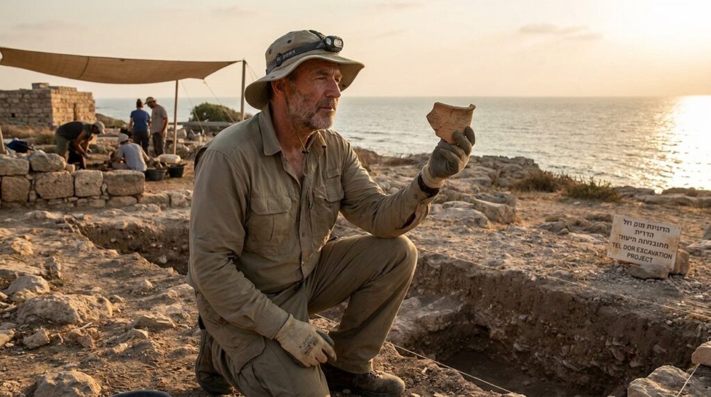 Israeli archaeologist examines artifacts at Mediterranean coastal excavation site.