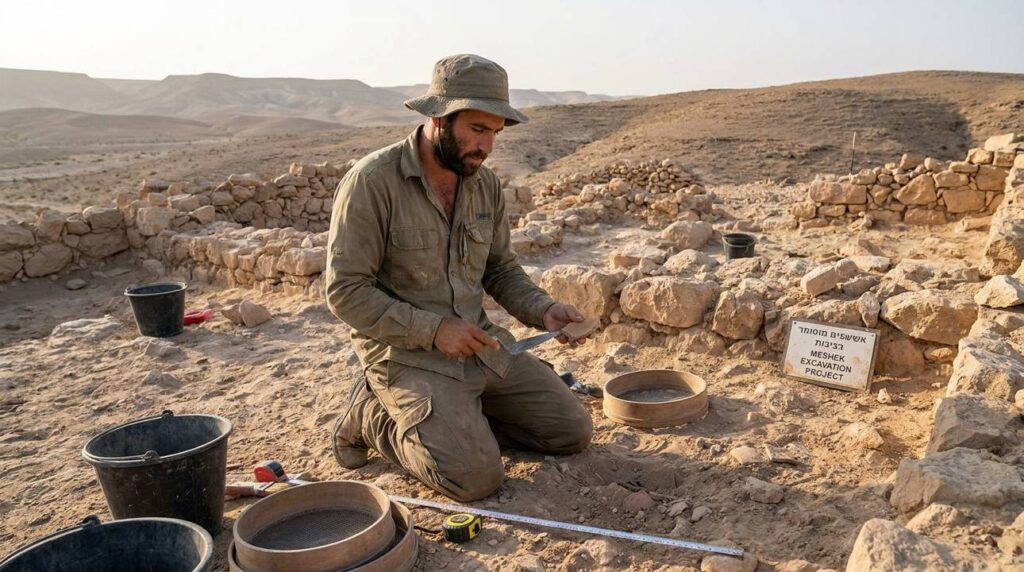 Israeli archaeologist examines ancient ruins in Negev desert with tools.