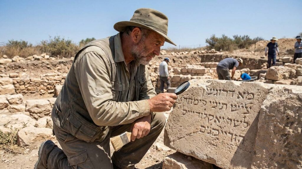 Israeli archaeologist examines ancient inscriptions at Luz under bright sky.
