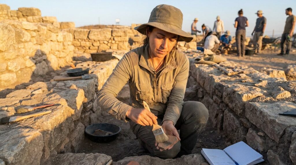 Israeli archaeologist examines artifact at Ekron ruins at sunset.