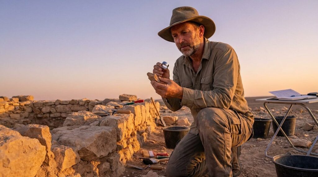 Israeli archaeologist examining stone ruins in Negev Desert at sunset.