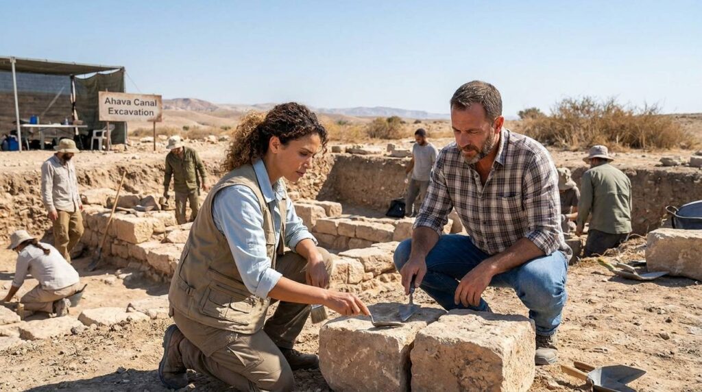 Israeli archaeologists examining ancient stones at Ahava Canal in desert.