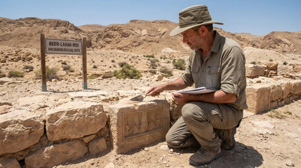 Archaeologist examines ancient ruins at Beer-lahai-roi, desert background.