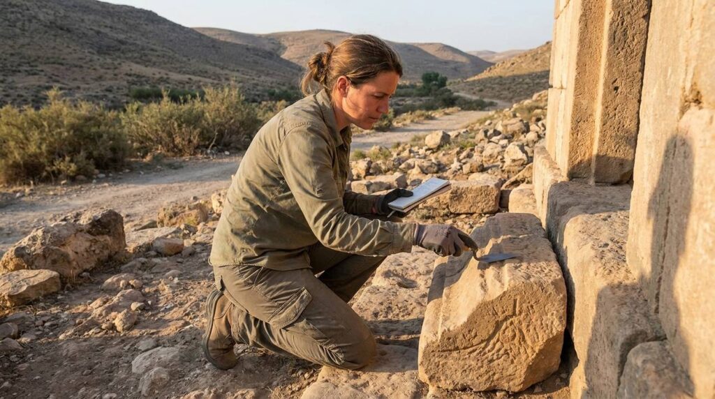Israeli archaeologist examines ancient ruins in Valley of Beracah.