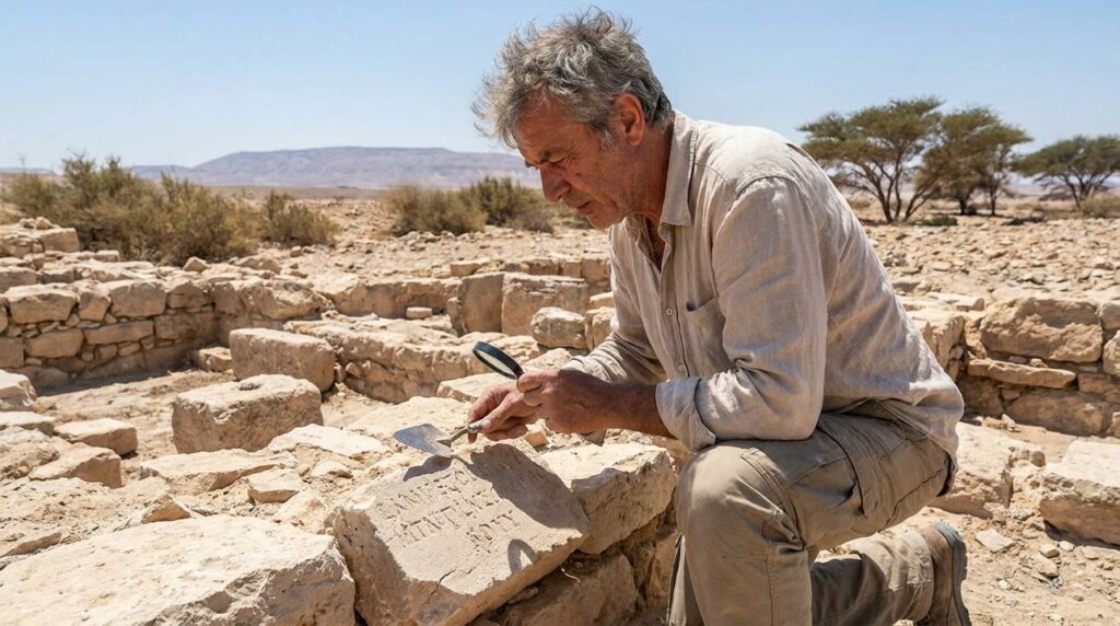 Israeli historian examines ancient stone ruins in Negev desert.