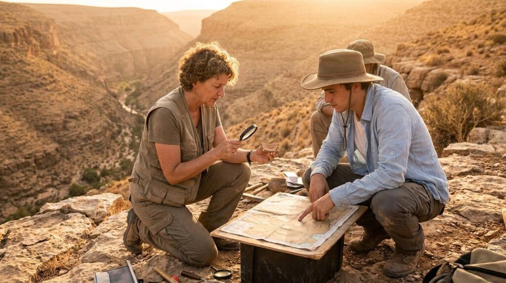 Archaeologists examining artifacts in Wadi Zered at sunset.