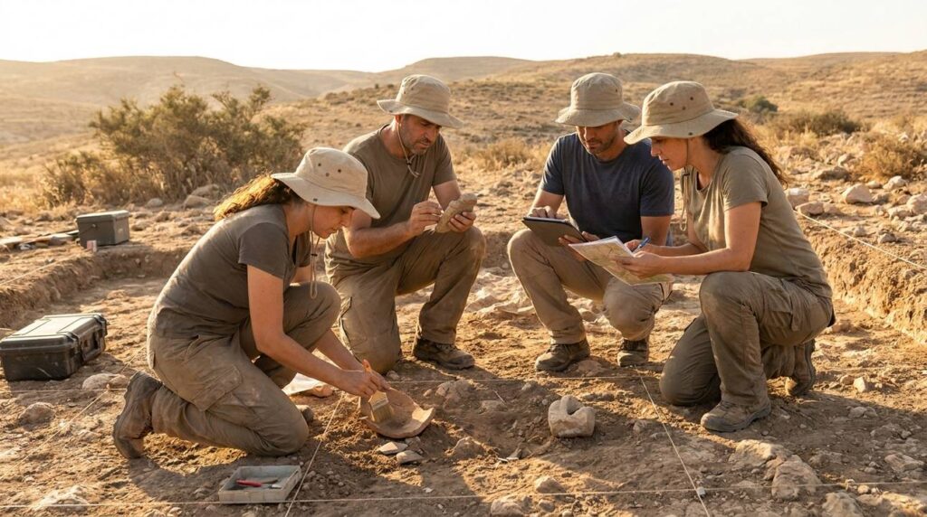 Israeli archaeologists excavating artifacts in Karnaim under afternoon light.