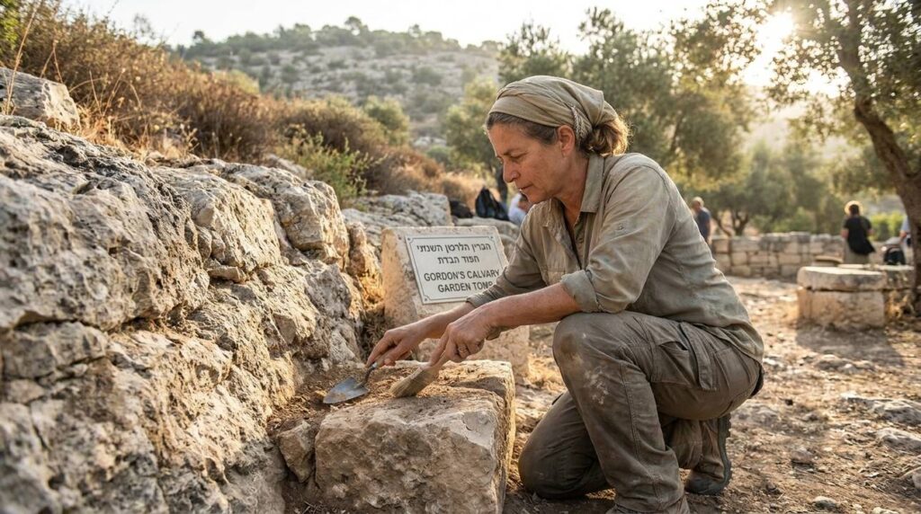 Israeli archaeologist examines ancient stones at Gordon's Calvary, Jerusalem.