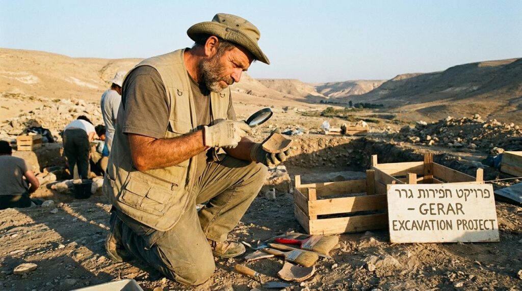 Archaeologist examining pottery shard at Valley of Gerar excavation site.