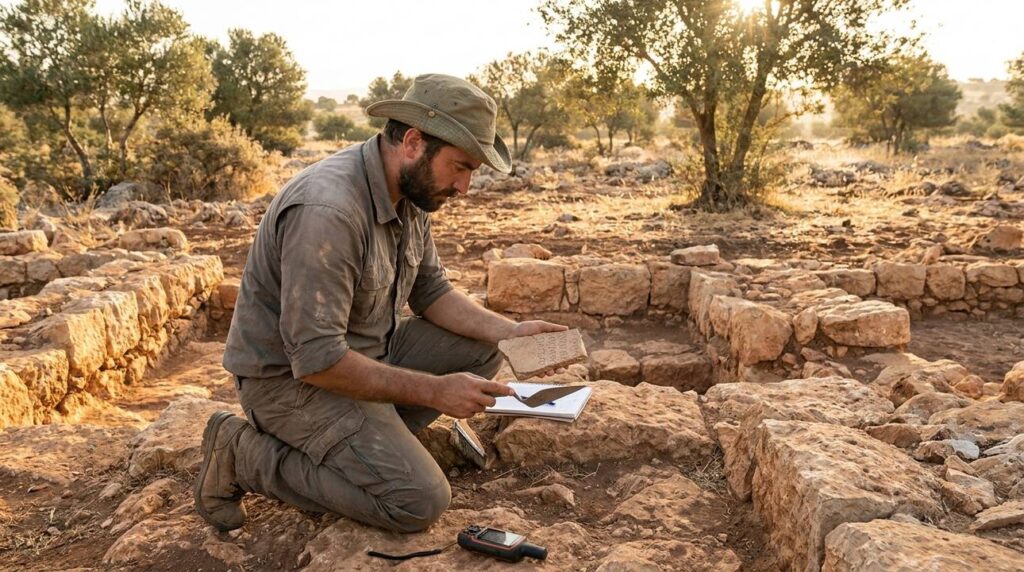 Israeli archaeologist examines ancient ruins in Paddan-Aram at dawn.