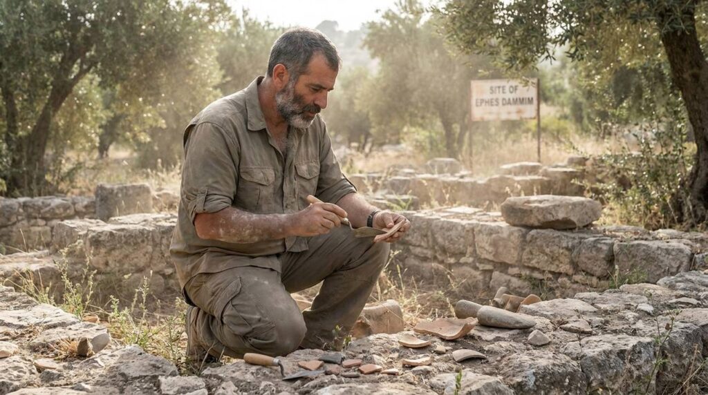 Israeli archaeologist examines ancient ruins at Ephes Dammim in morning light.