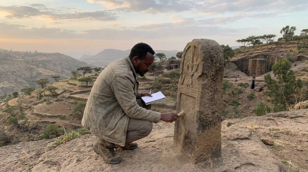 Historian examines ancient stone ruins in Ethiopia's rugged landscape.