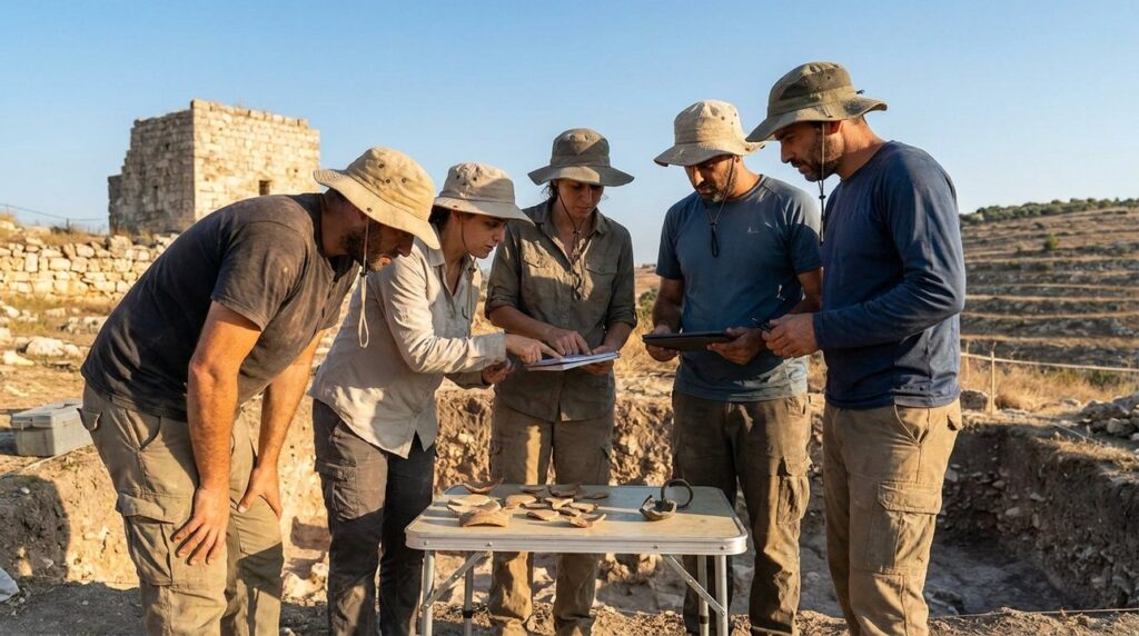 Israeli archaeologists examining artifacts at Sokoh, Judah under clear skies.