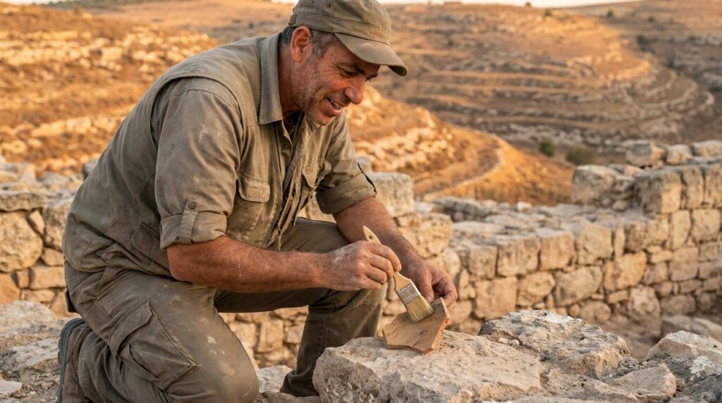 Israeli archaeologist examines ancient artifact at Azal ruins during sunset.