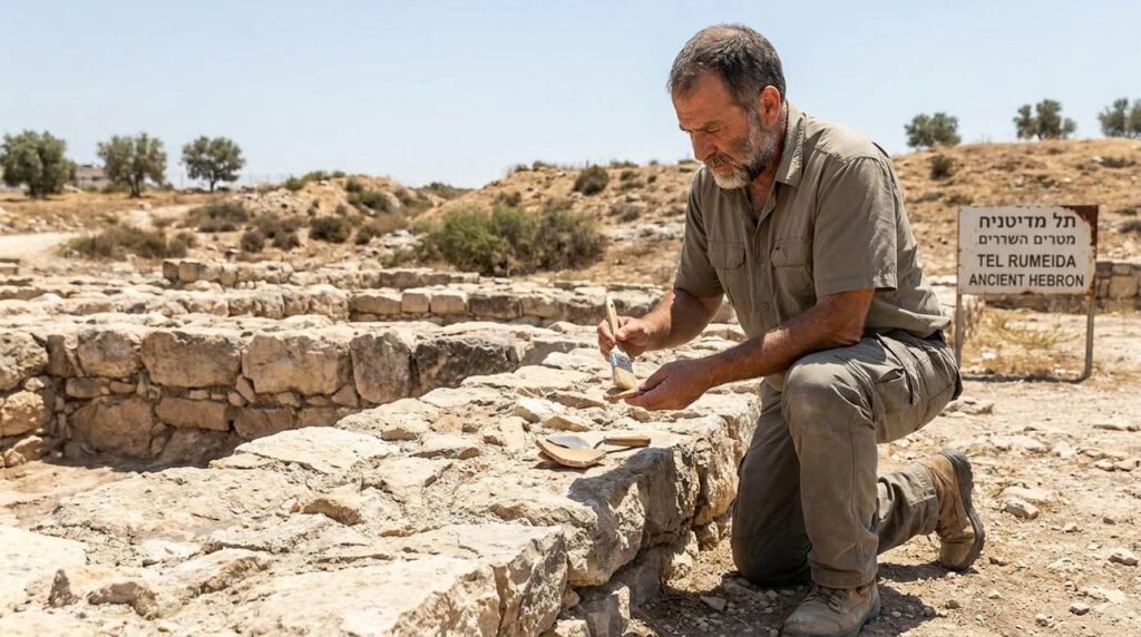 Israeli archaeologist examines ancient ruins at Mamre under bright sunlight.