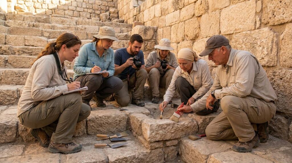 Diverse archaeologists examining ancient ruins at Pool of Siloam in Jerusalem.