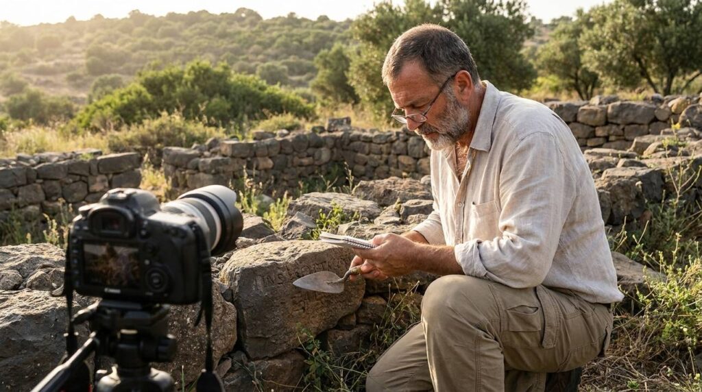 Israeli historian in shirt and khakis photographing ruins in Metula.
