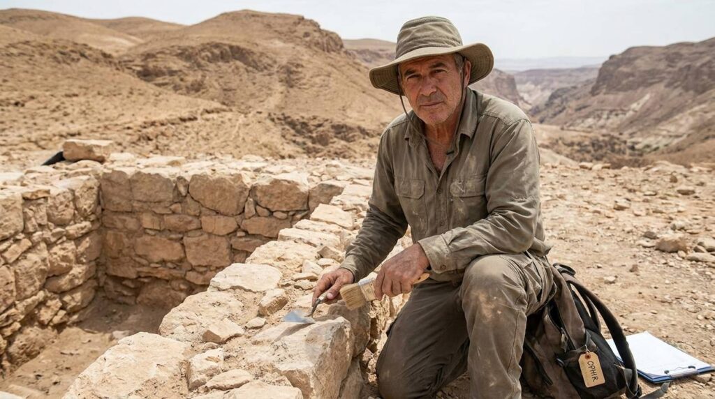 Israeli archaeologist examines ancient ruins in desert, holding excavation tools.