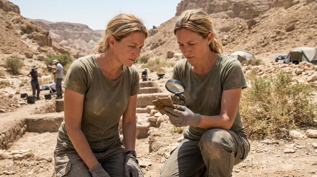 Israeli archaeologist examines artifacts in arid Valley of the Travelers.
