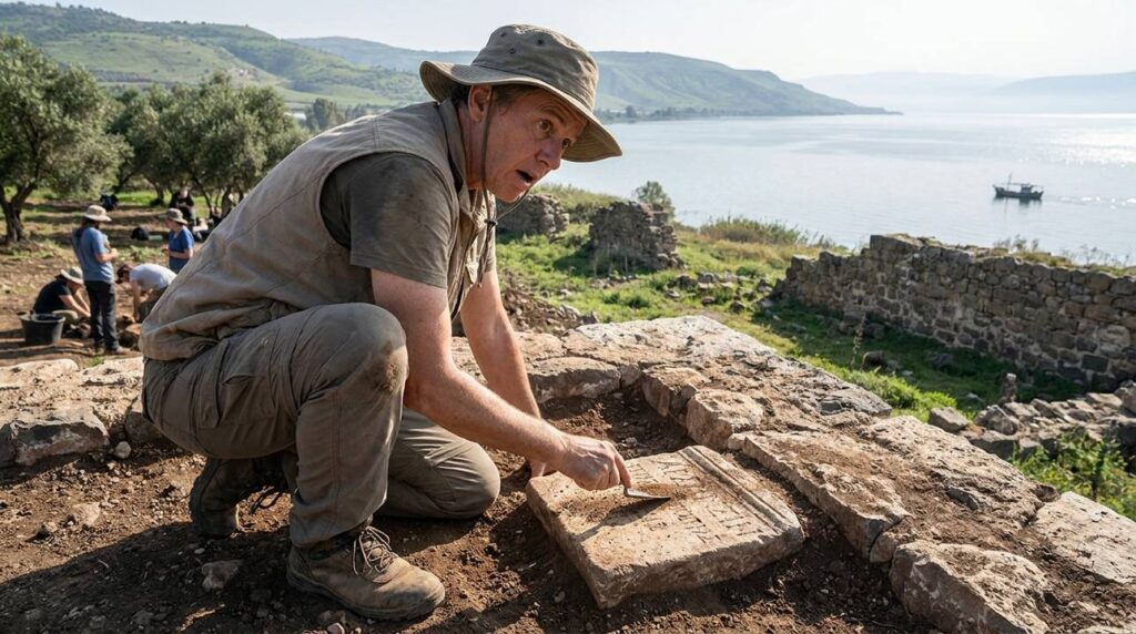 Archaeologist examining ancient ruins near Sea of Galilee.