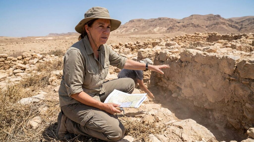 Israeli archaeologist examining ancient ruins in Negev Desert with map.