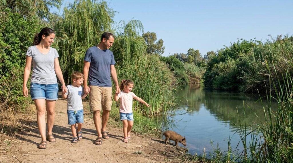 Israeli family walking by Ahava River, children pointing at wildlife.