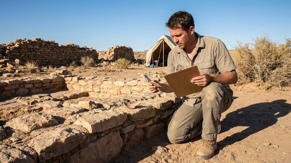 Israeli archaeologist examines artifacts at Beer Lahai Roi in desert.
