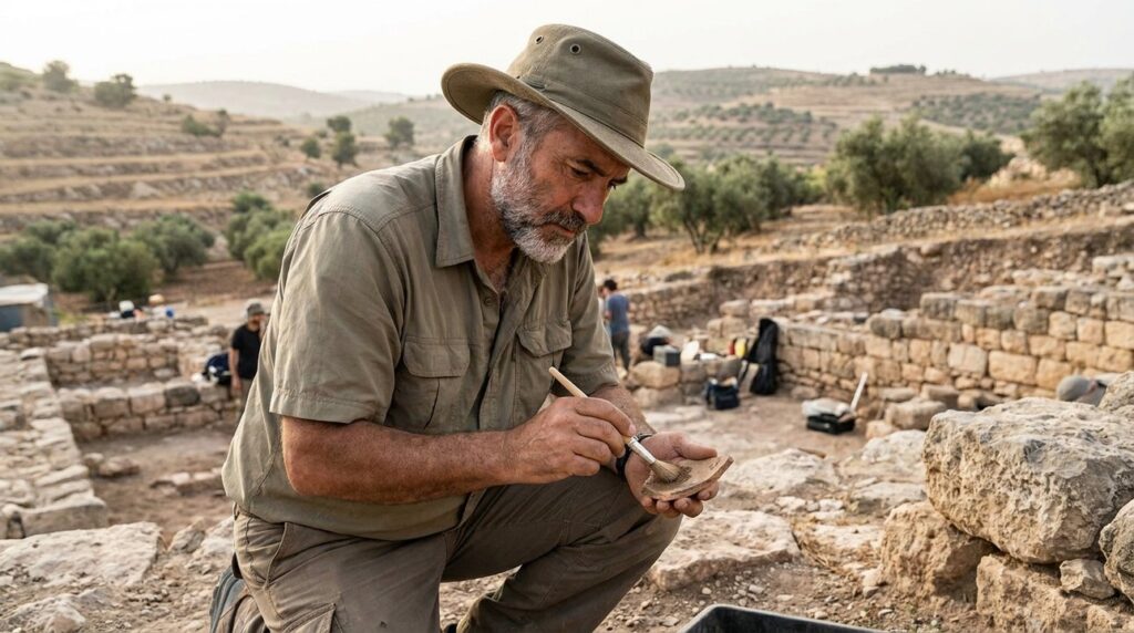 Archaeologist examines ancient ruins at Derbe, Israel with brush and tools.