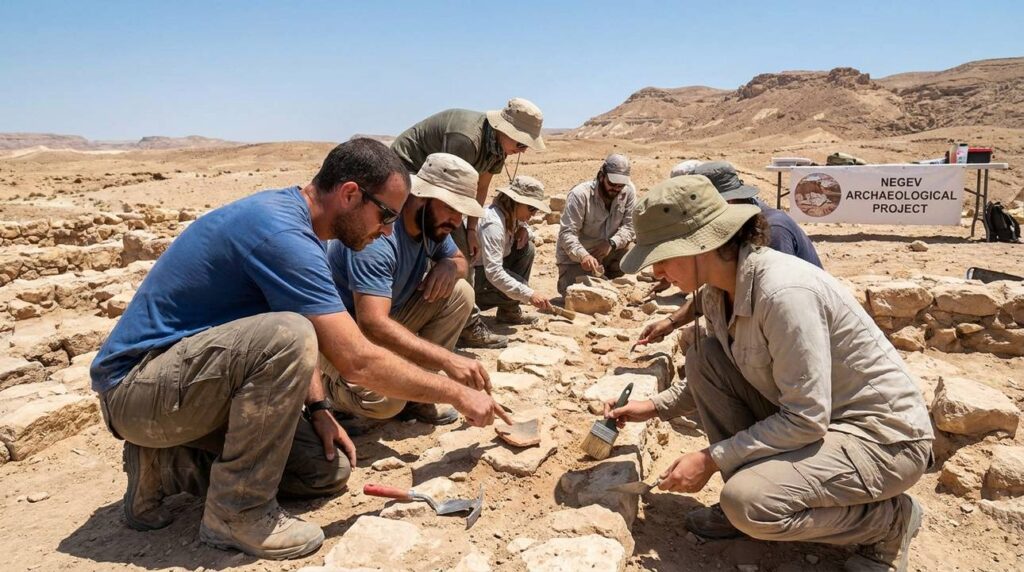 Israeli archaeologists examining ancient ruins in the Negev desert.