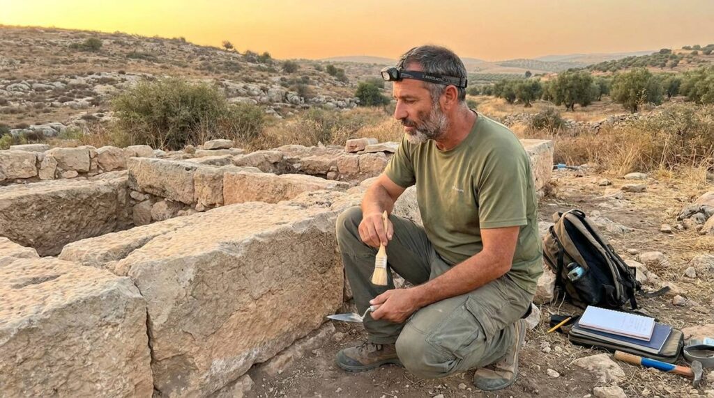 Israeli archaeologist examines ancient ruins in Gilead at sunset.