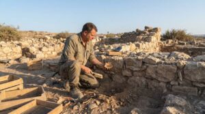 Archeologist examines ancient ruins at Dalmanutha, Israel, with tools.